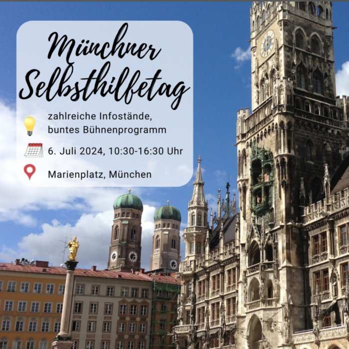 Die DTL-Tinnitus-Selbsthilfegruppe München präsentiert sich am 6.7.2024 auf dem Münchner Marienplatz im Rahmen des Selbsthilfetags.