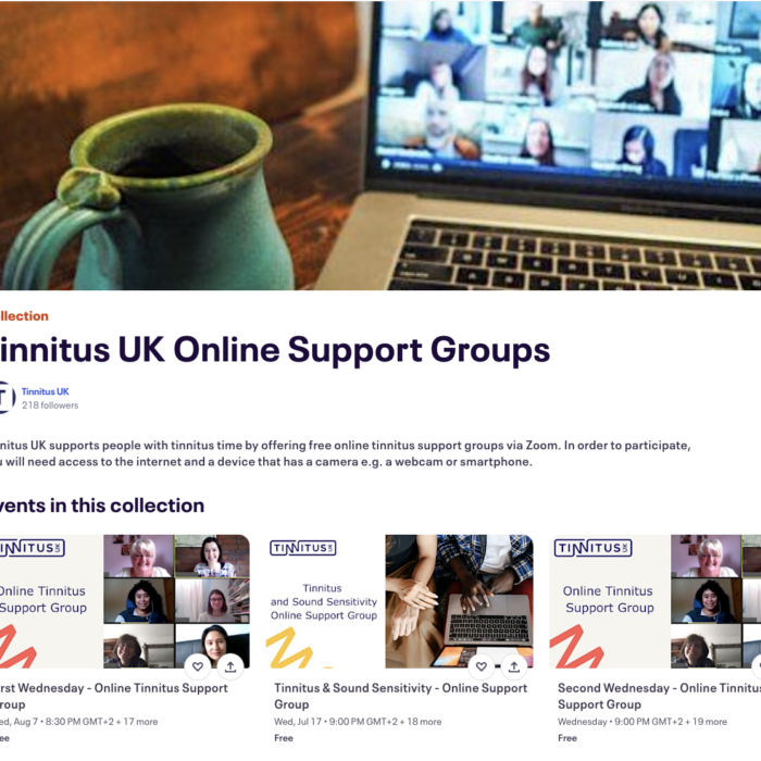 Tinnitus UK unterstützt Menschen mit Tinnitus, indem es kostenlose Online-Selbsthilfegruppen für Tinnitus über Zoom anbietet.
https://www.eventbrite.com/cc/tinnitus-uk-online-support-groups-2712719
